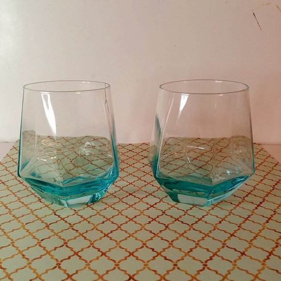Other - Set of 2 Diamond Hexagonal Light Blue Whiskey Glasses